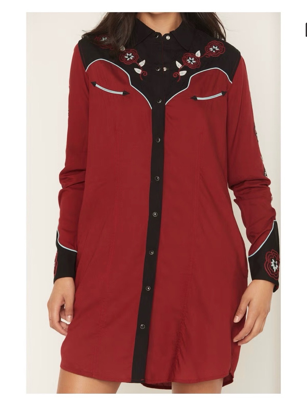Embroidered Red Western Shirt Dress with Black Yoke embroidered rodeo - Picture 2 of 11